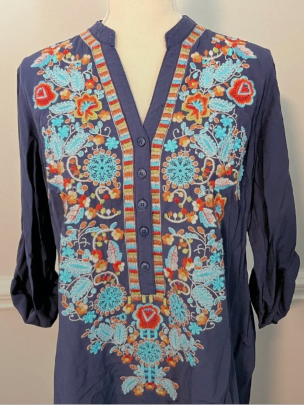 SOLITAIRE Embroidered BohoTunic Top Navy Blue, Size M